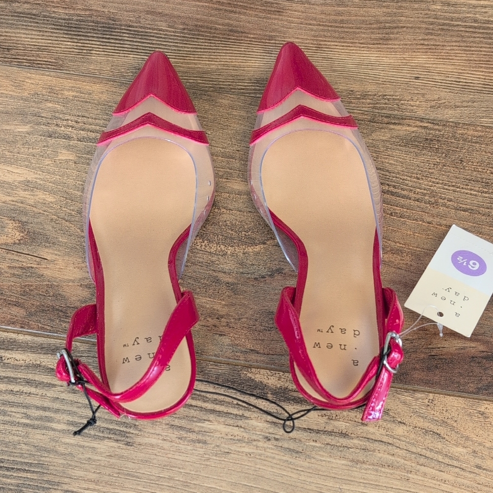 A New Day Women's Red Eleanor Pointed Toe Flats Slingback Heels NWT - Picture 3 of 5